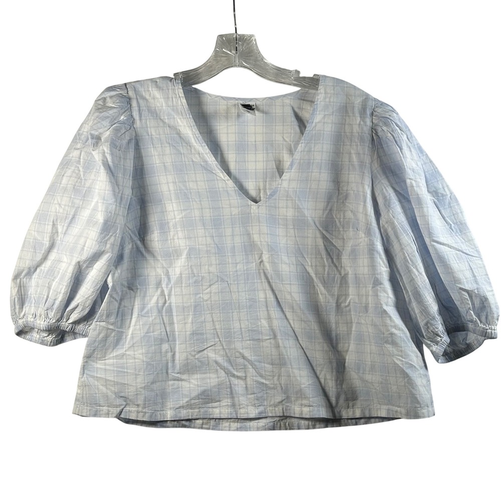 Melrose and Market Plaid V Neck Puff Sleeve Top Blouse Blue White Size Large